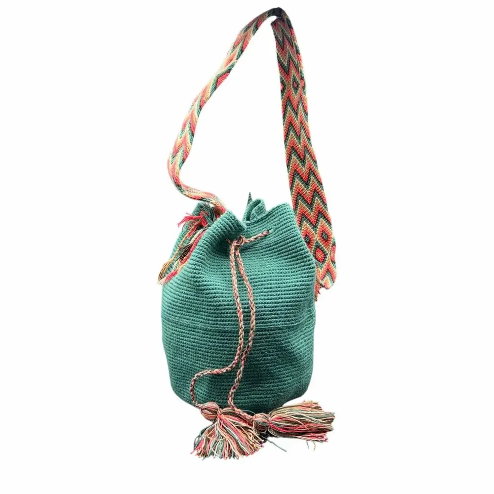 Wayuu Mochila Bag Aqua and pink Handmade Colombian Woven Tassel Strap